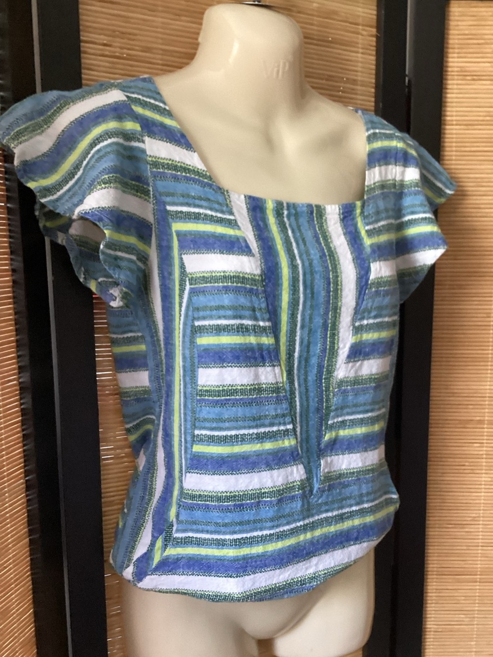 FOR CYNTHIA Linen Blend Square Neck Flutter Sleeve Top Sz S pockets